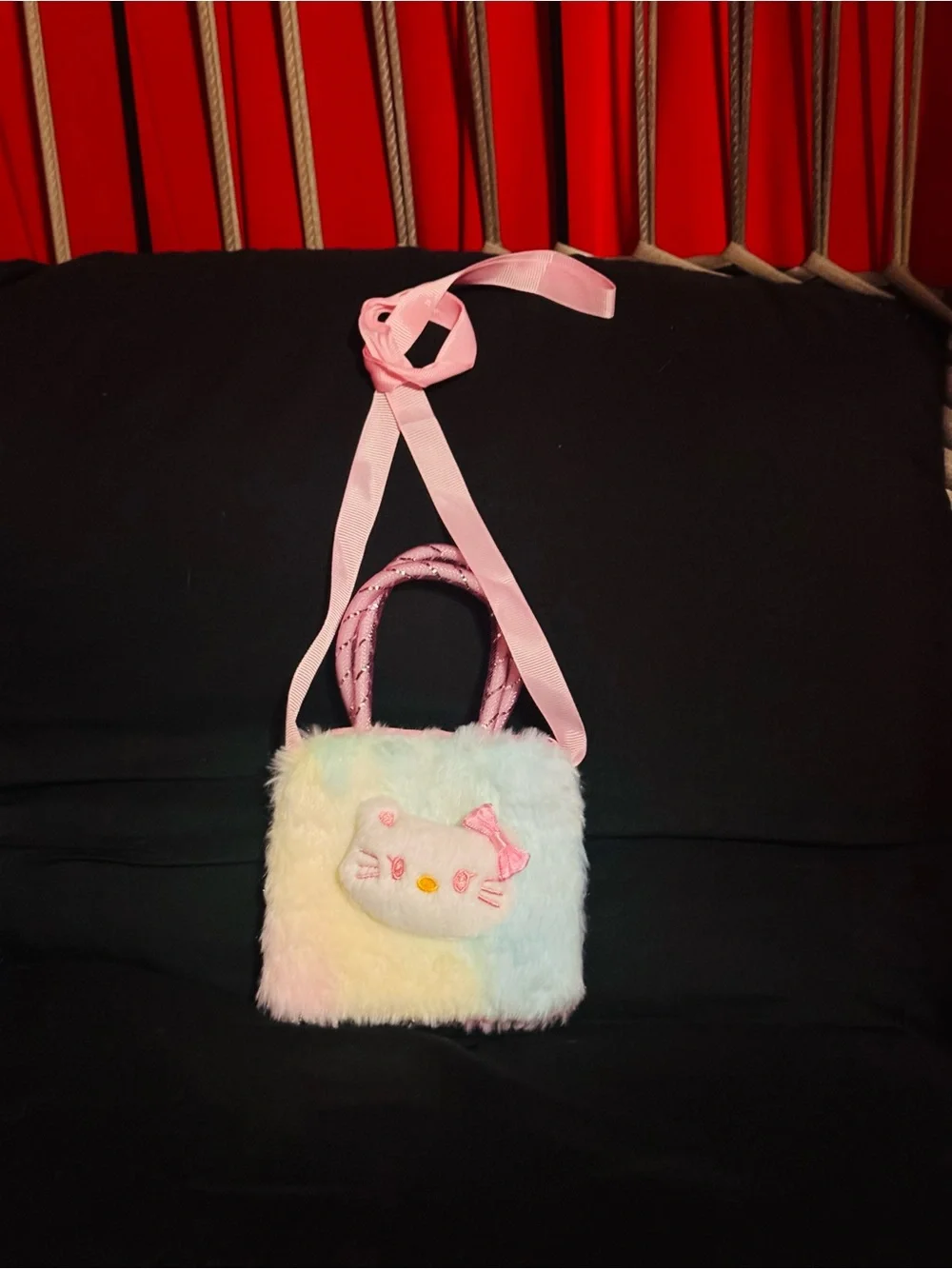Hello Kitty- Sanrio- Mini Plush Rainbow lUnicorn Crossbody/Purse with Faux Fur